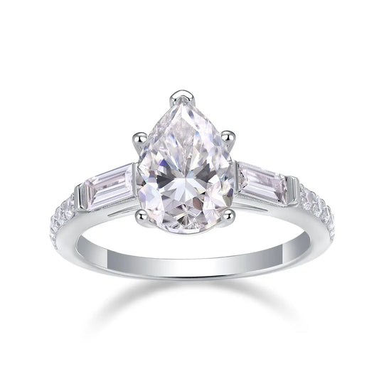 1.5CT Pear Moissanite Ring | Sterling Silver Side Stones LuxeStones