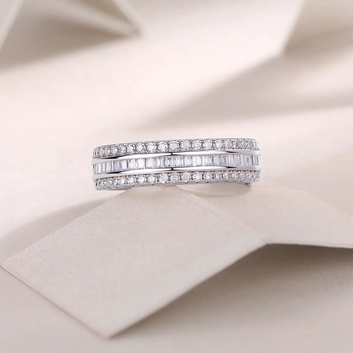 Three Row Moissanite Eternity Band | Baguette & Pavé Mix LuxeStones