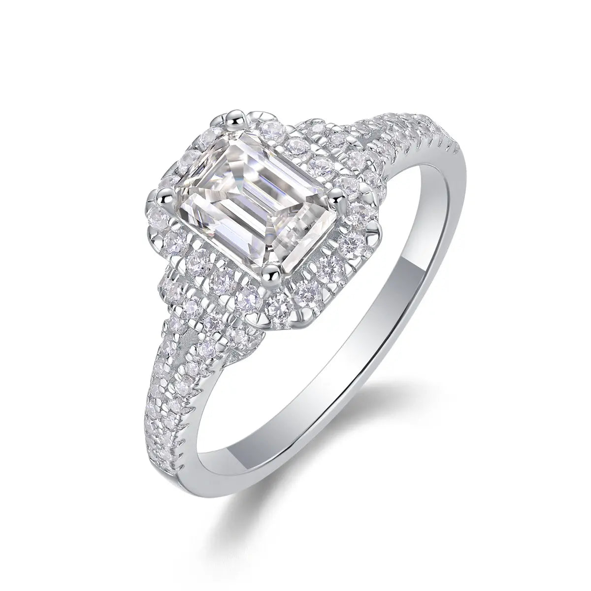 2CT Emerald Cut Moissanite Halo Ring | Multi-Row Pavé LuxeStones