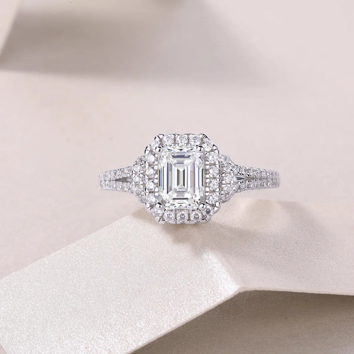 2CT Emerald Cut Moissanite Halo Ring | Multi-Row Pavé LuxeStones