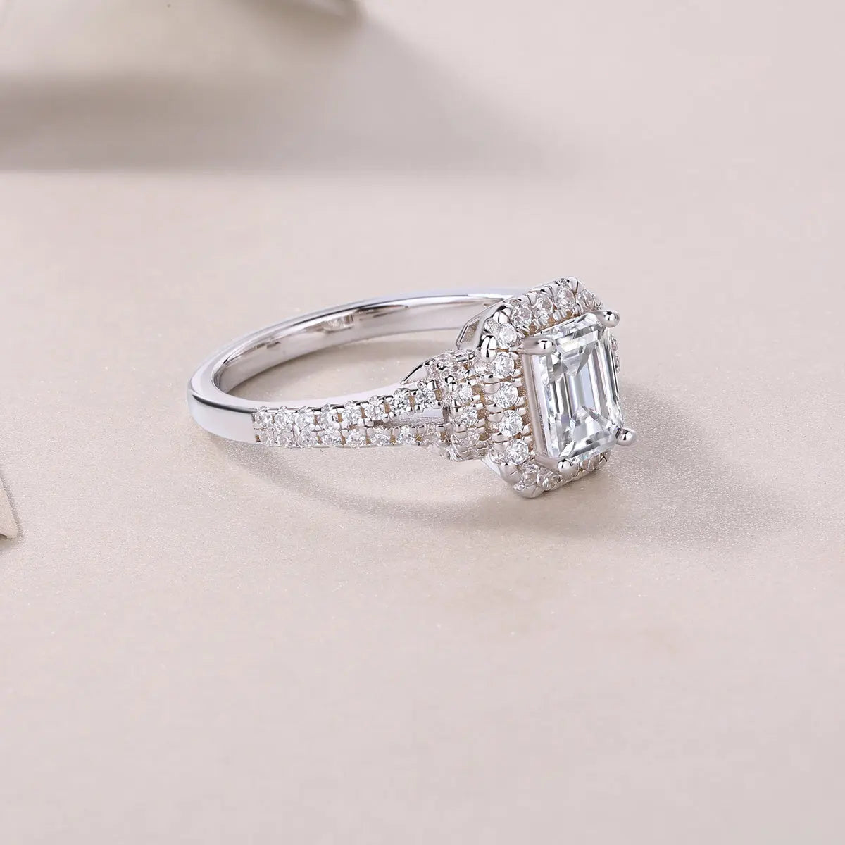 2CT Emerald Cut Moissanite Halo Ring | Multi-Row Pavé LuxeStones